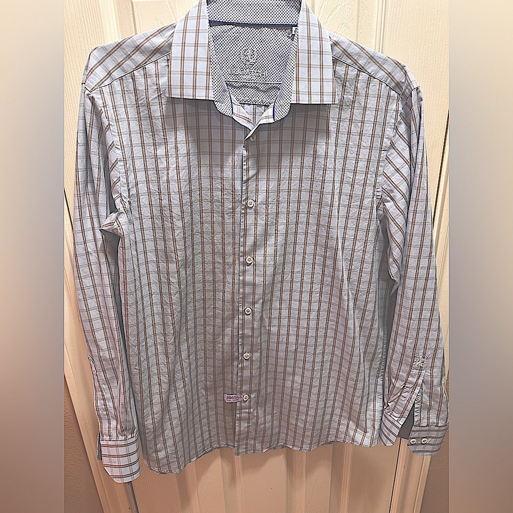 Bugatchi Uomo long sleeve shirt with window pane and birds-eye trim cuff /collar